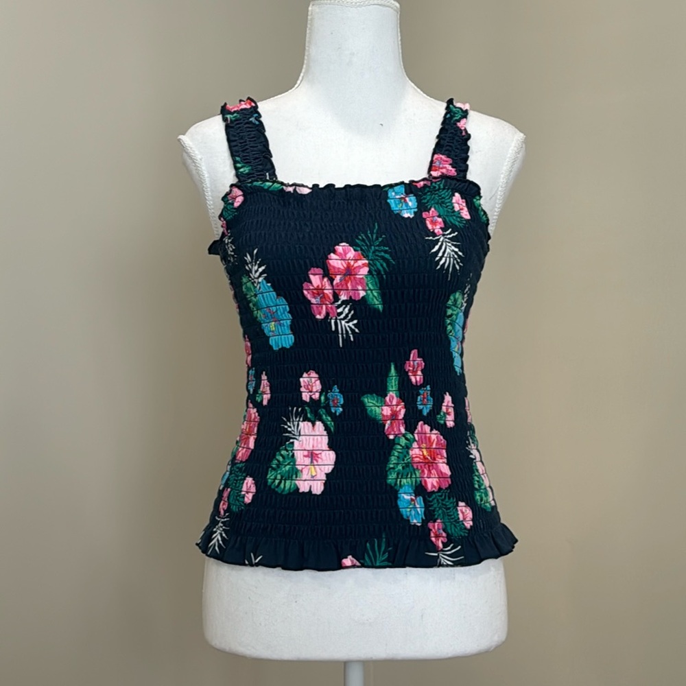 Smocked Navy Blue Floral Tank Top with Square Neck.